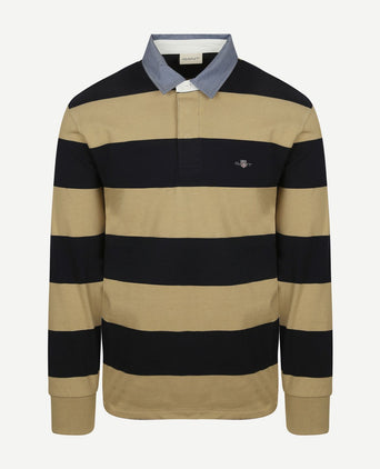 Gant heavy rugger shield longsleeve polo streep donkerblauw beige | Regular-fit