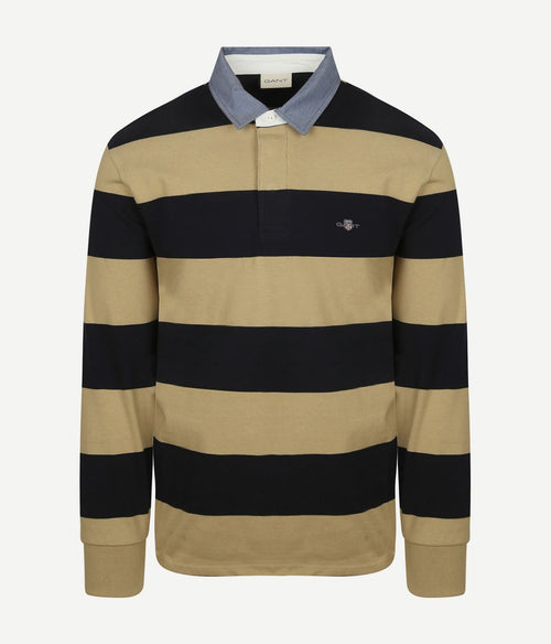 Gant heavy rugger shield longsleeve polo streep donkerblauw beige | Regular-fit