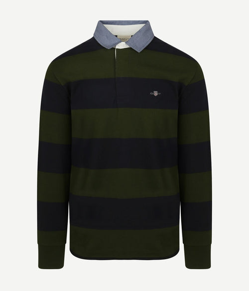 Gant heavy rugger shield longsleeve polo streep donkerblauw groen | Regular-fit