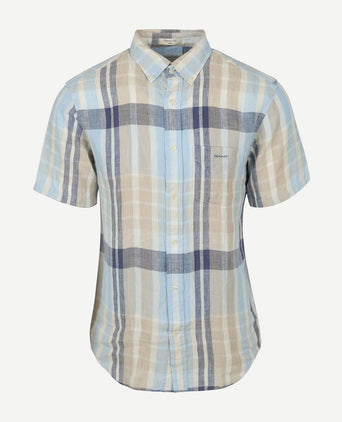 Gant korte mouwen overhemd linnen ruiten blauw | Regular-fit