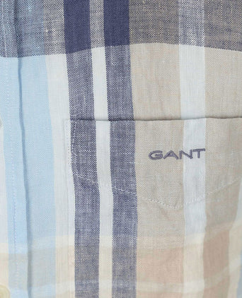 Gant korte mouwen overhemd linnen ruiten blauw | Regular-fit
