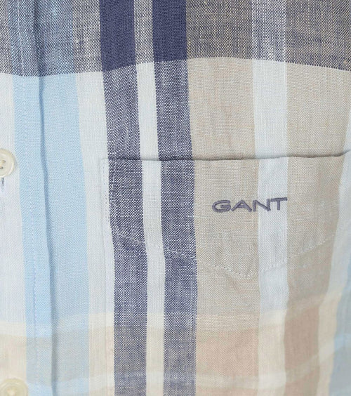 Gant korte mouwen overhemd linnen ruiten blauw | Regular-fit