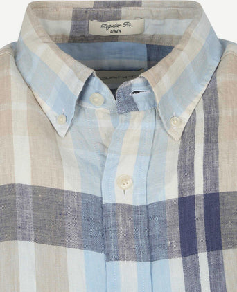 Gant korte mouwen overhemd linnen ruiten blauw | Regular-fit