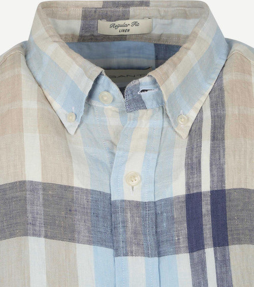 Gant korte mouwen overhemd linnen ruiten blauw | Regular-fit