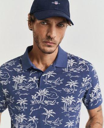 Poloshirt palm print dusty donkerblauw