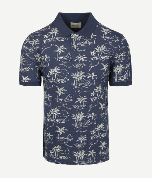 Poloshirt palm print dusty donkerblauw