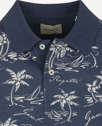 Poloshirt palm print dusty donkerblauw