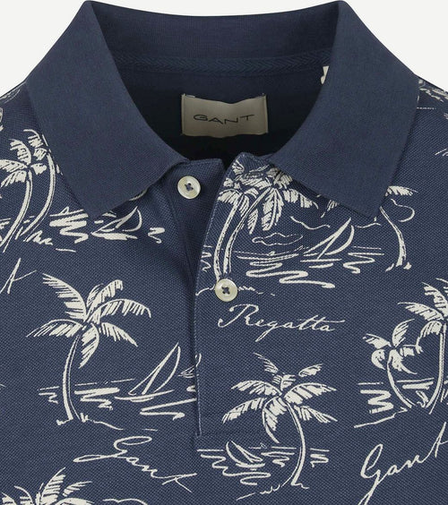 Poloshirt palm print dusty donkerblauw