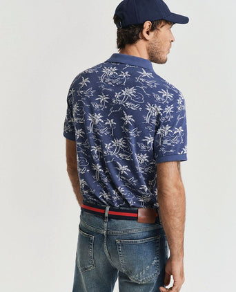 Poloshirt palm print dusty donkerblauw