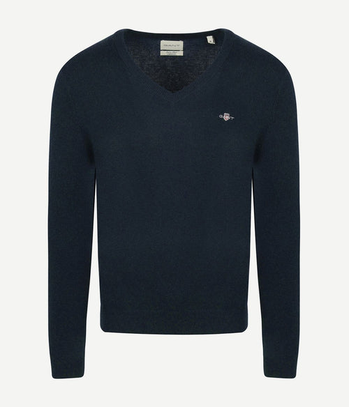 Gant pullover v-hals woolblend donkerblauw melange | Regular-fit