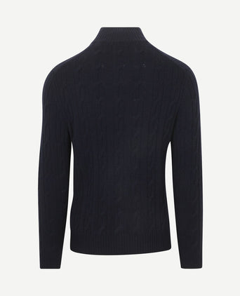 Halfzip lamswol trui cable donkerblauw
