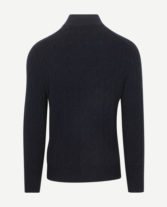 Halfzip lamswol trui cable donkerblauw