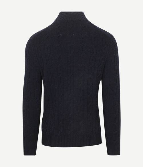 Halfzip lamswol trui cable donkerblauw