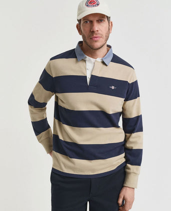 Gant heavy rugger shield longsleeve polo streep donkerblauw beige | Regular-fit