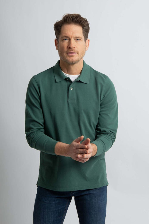 Longsleeve polo piqué klassiek donkergroen