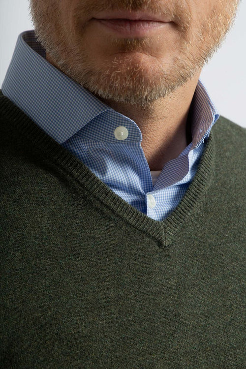 Pullover v-hals merinowol olijfgroen