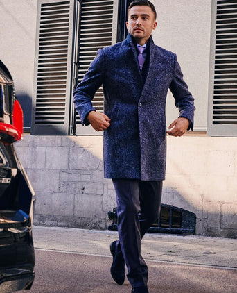 Coat wol herringbone donkerblauw