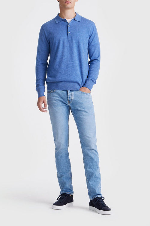 The robert long sleeve poloshirt merino mid blauw