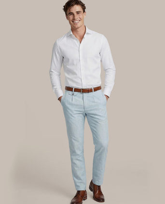 Chino Pico pleat cotton linen glencheck lichtblauw