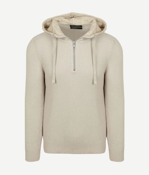 Hooded halve rits pullover structured bi-colour ecru