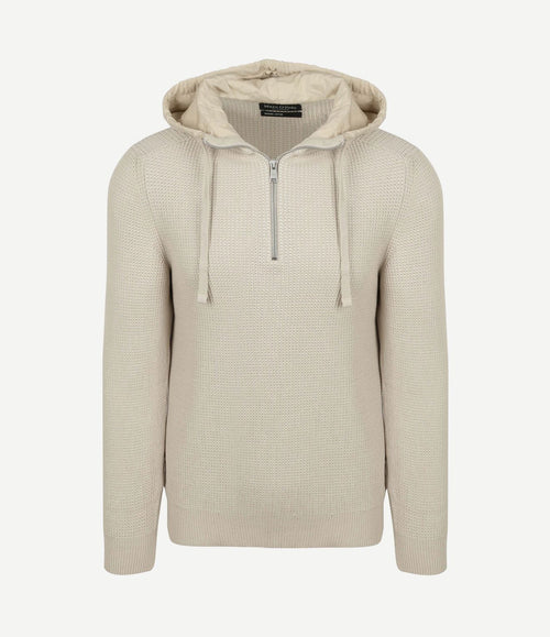 Hooded halve rits pullover structured bi-colour ecru