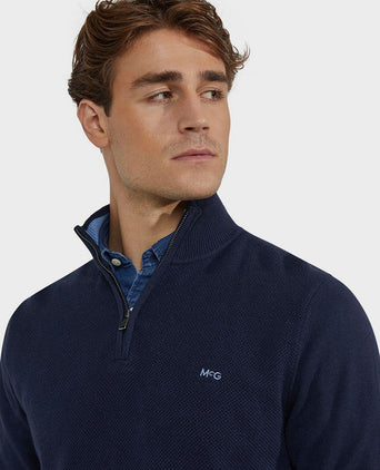 halve rits trui merino blend structure donkerblauw