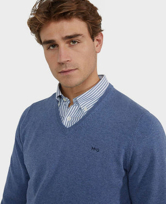 Trui merino blend v-hals vintage blauw