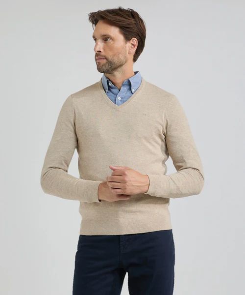 Trui merino blend v-hals sand