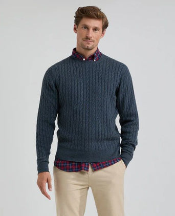 Kabeltrui merinowol melange donkerblauw