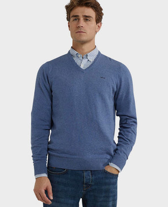 Trui merino blend v-hals vintage blauw