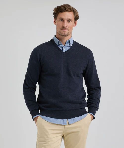 Trui merino blend v-hals donkerblauw