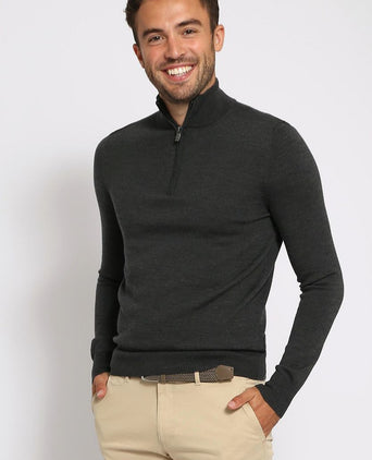 Suitable merino halve rits trui antraciet | Slim-fit