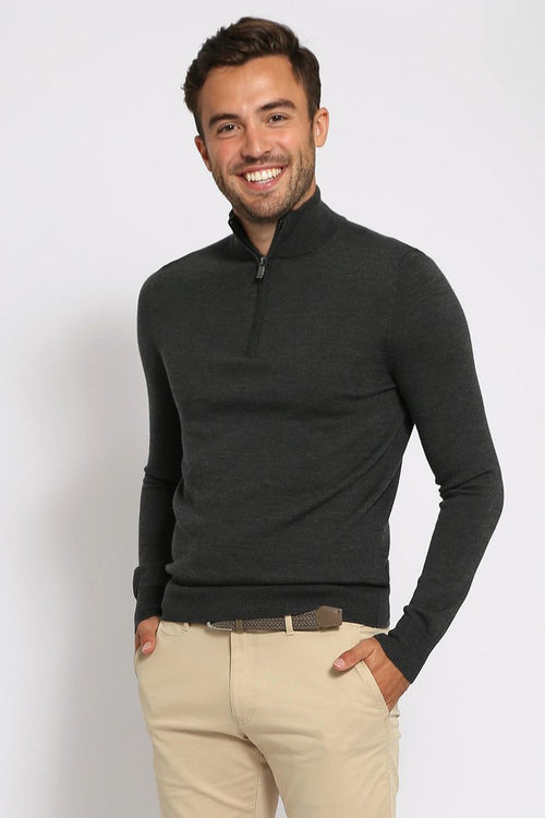 Suitable merino halve rits trui antraciet | Slim-fit