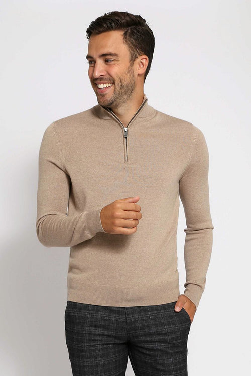 Suitable merino halve rits trui beige | Slim-fit