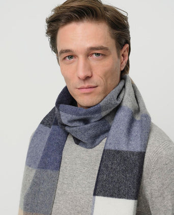 Sjaal wol ruiten blauw grijs beige