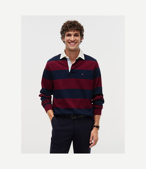 Rugby polo streep burgundy donkerblauw