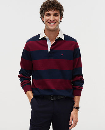 Rugby polo streep burgundy donkerblauw