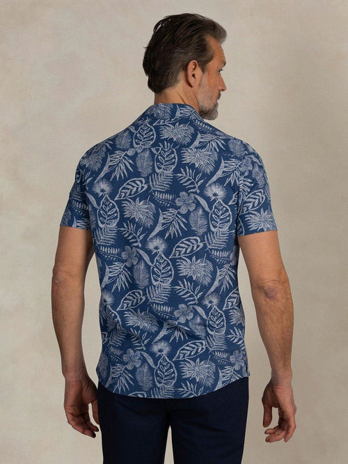 Overhemd short sleeve piqué flower print blauw