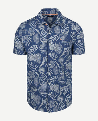 Overhemd short sleeve piqué flower print blauw