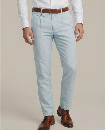 Chino Pico pleat cotton linen glencheck lichtblauw