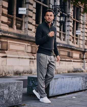 Broek straight pleat herringbone donkerblauw