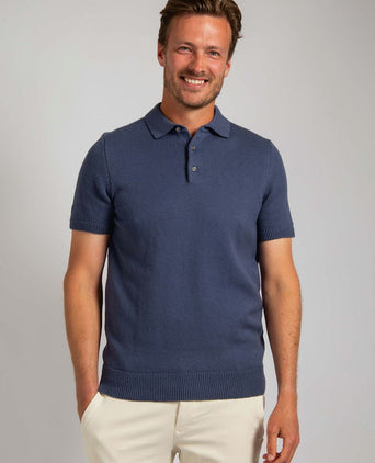 Heavy knitted polo raw denim blauw