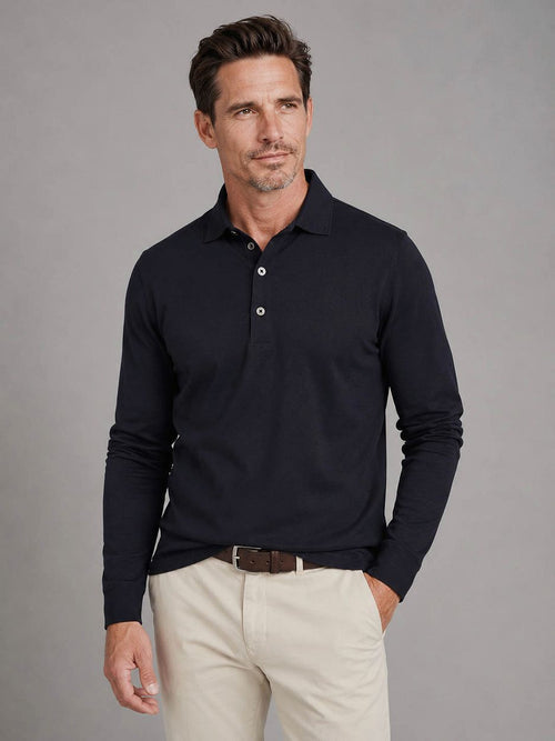 Longsleeve polo donkerblauw melange