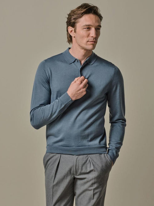 Longsleeve poloshirt merinowol blauw