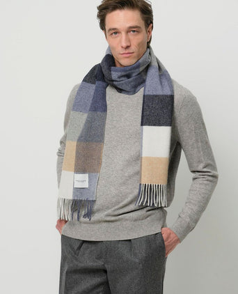 Profuomo sjaal wol ruiten blauw grijs beige