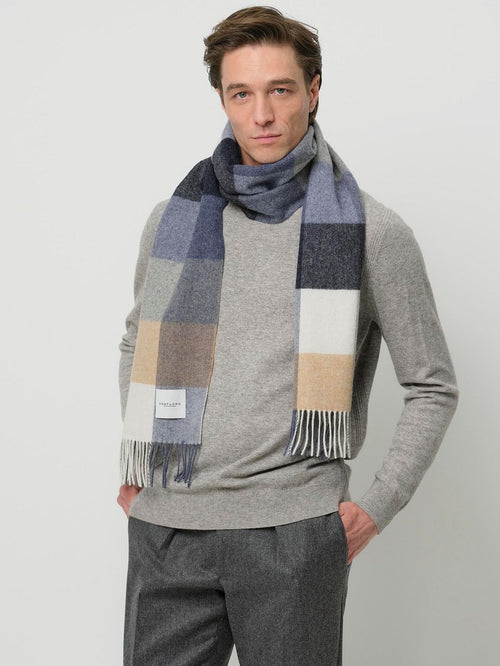 Profuomo sjaal wol ruiten blauw grijs beige