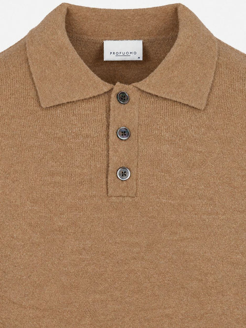 Longsleeve poloshirt boiled wool camel