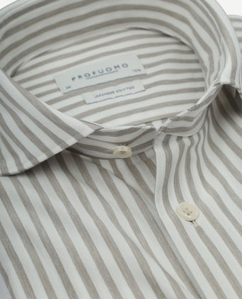 Profuomo japanese knitted overhemd streep beige | Slim-fit