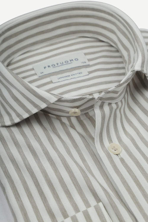 Profuomo japanese knitted overhemd streep beige | Slim-fit