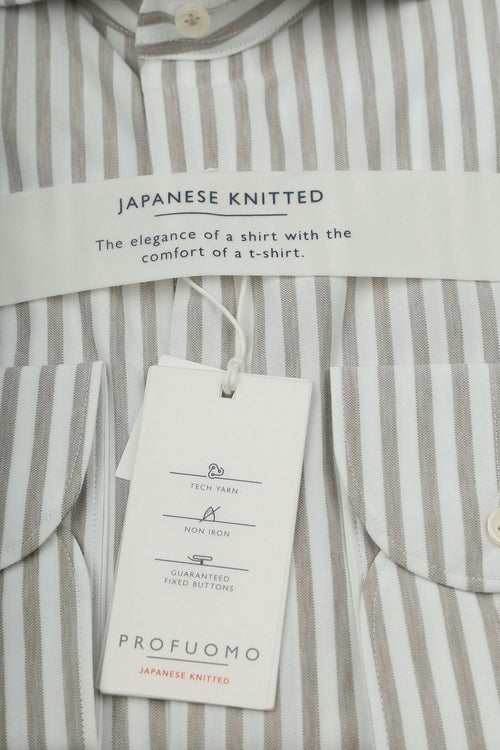 Profuomo japanese knitted overhemd streep beige | Slim-fit